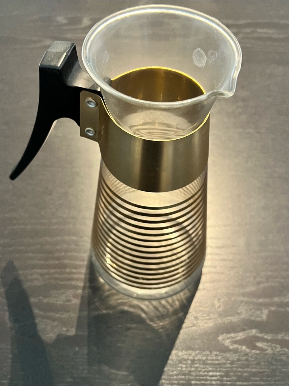 Vintage Glass Coffee Server with Gold Band and Black Handle